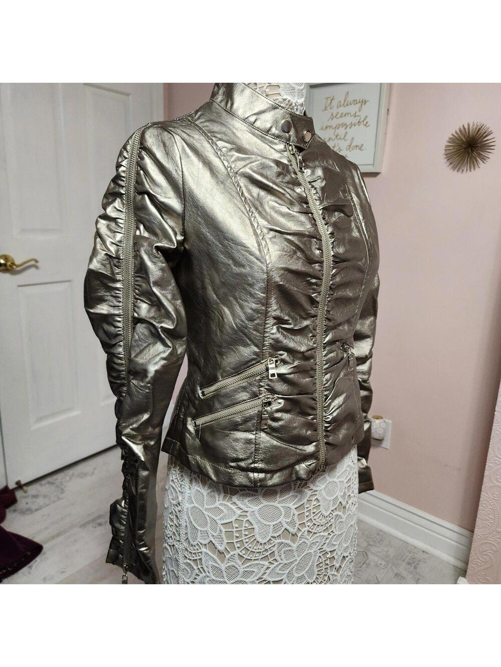 CARMIN Metallic Gold/Silver Faux Leather Moto Jacket Women’s Large L – LKNW
